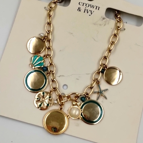 Crown & Ivy women's Sea Shell Turquoise and gold chain costume  necklace 10" - Picture 1 of 5